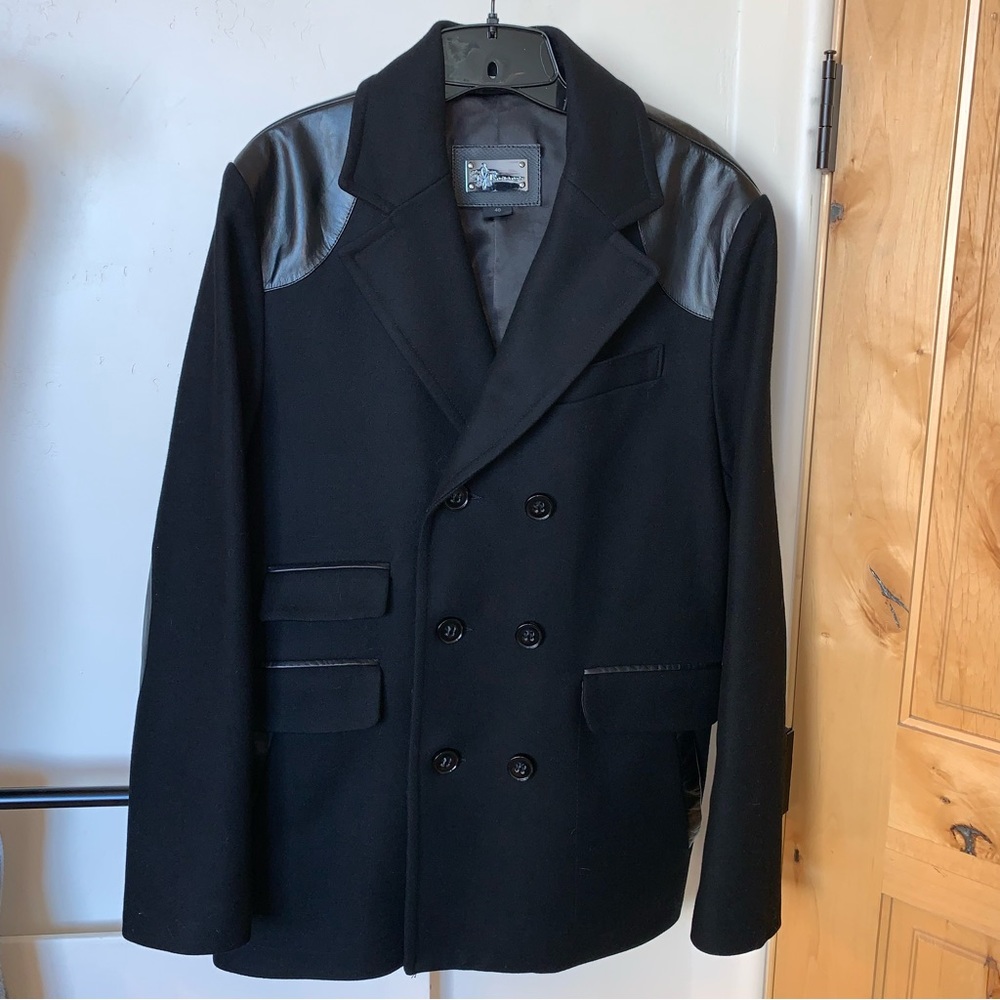 Men’s EUC Mackage Black Wool & Leather Double Breasted Jacket Coat Peacoat sz 40